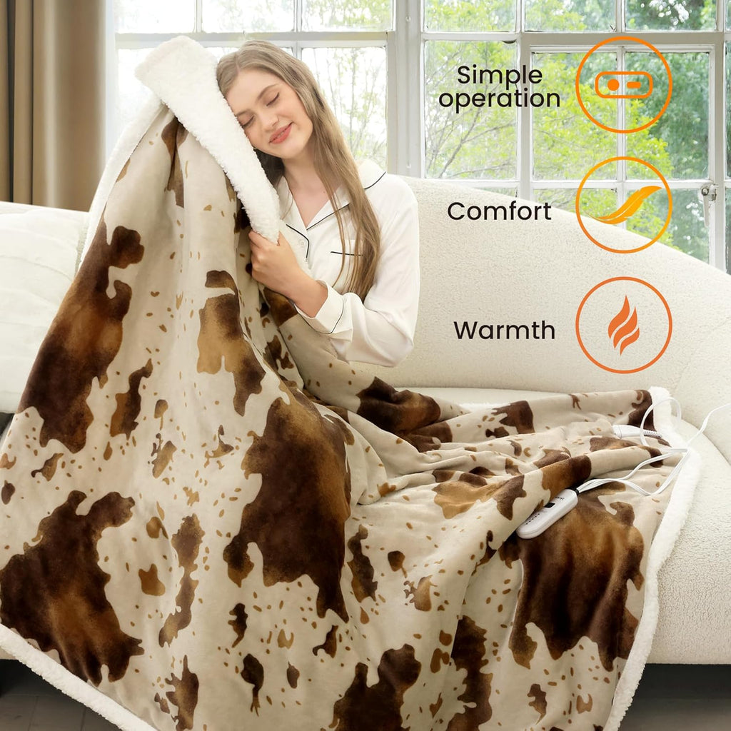 Cow Print Heated Throw Blanket Electric Blanket-Heating Blanket Throw with 10 Heat Levels & 10 Hours Auto-Off, Cozy Soft Fleece Sherpa, Washable, 50 x 60 Inches Cow Print Apricot