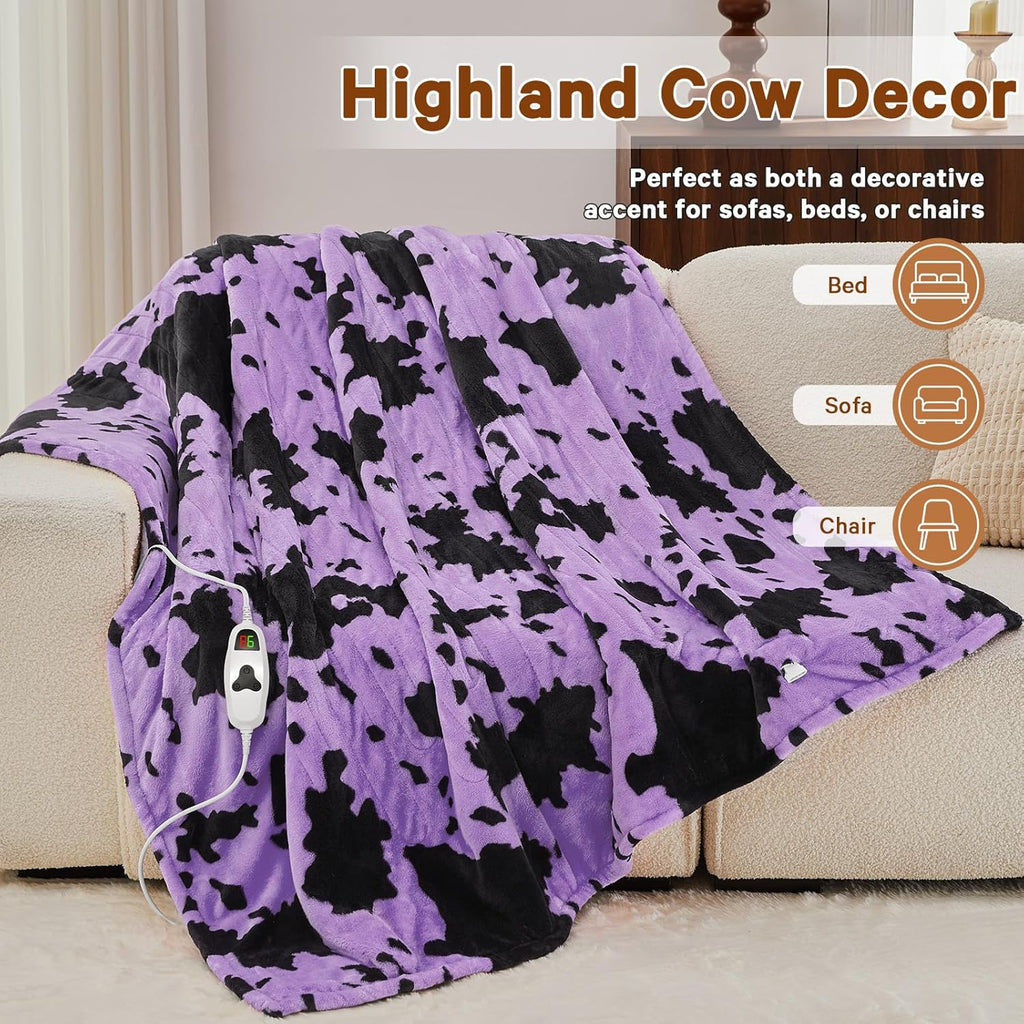 Purple Heated Electric Blanket Throw,50X60 Highland Cow Print Heating Blanket with 10 Heats Levels & 8 Hours Auto Off,Highland Cow Decor Fleece Sherpa Blankets Warmer Gifts for Women Adults Washable