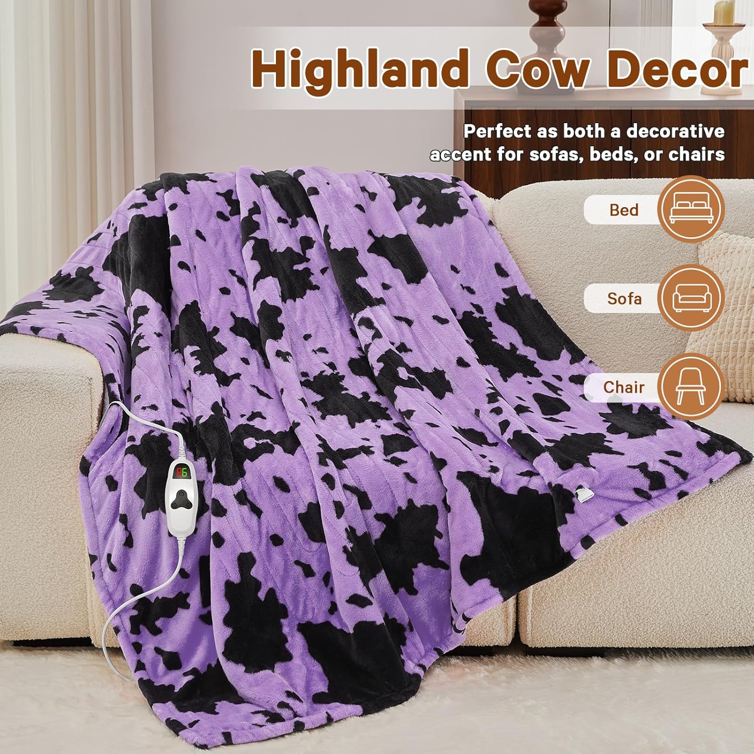 Cow Print Heated Electric Blanket Twin Size,62X84 Purple Heating Blanket with 10 Heats Levels & 8 Hours Auto Off,Highland Cow Fleece Sherpa Blankets Warmer Gifts for Women Adults Couch,Washable