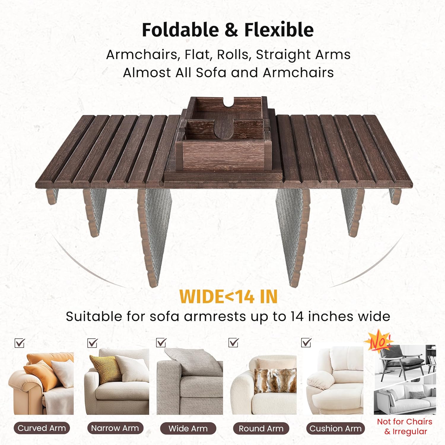 GEHE Detachable Couch Cup Holder, Anti Falling Sofa Arm Tray, Natural Bamboo Sofa Cup Holder More Safe for You Family, Portable Couch Arm Tray Armrest Table for Remote, Snacks, Phone, Drinks