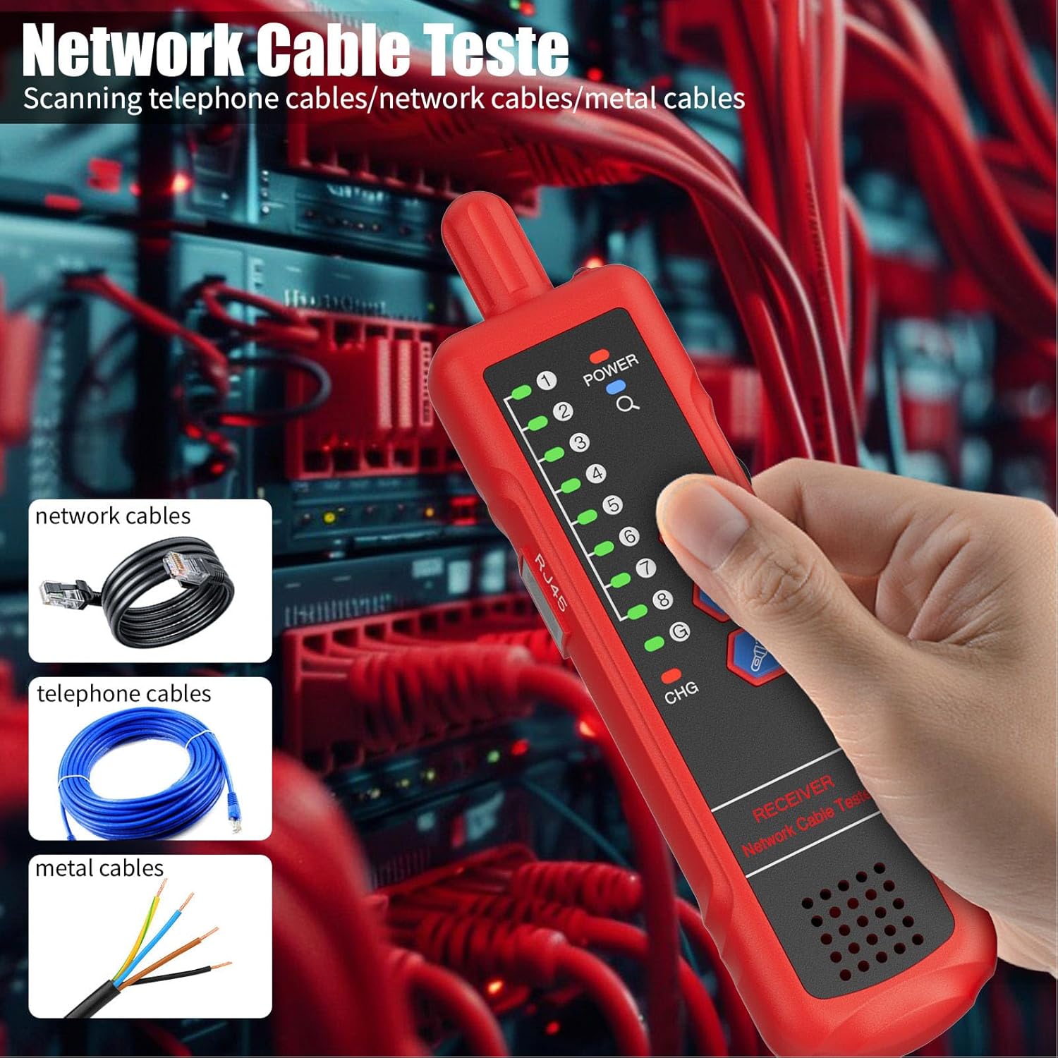 Network Cable Tester, RJ11 RJ45 CAT5 CAT6 Ethernet LAN Wire Tracer with Headphone Jack and Signal Strength Indicator, for Noisy Environments