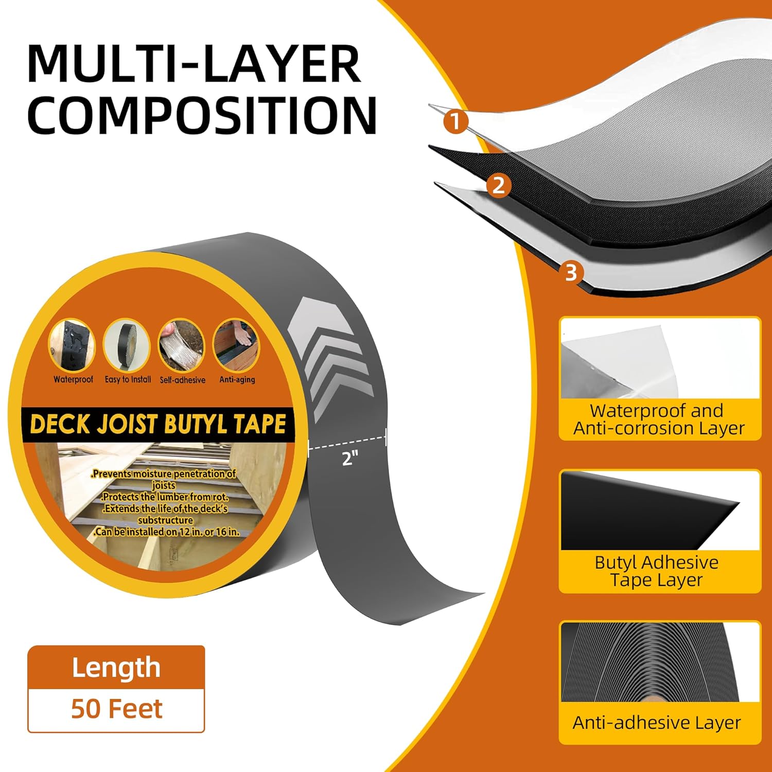 Butyl Deck Tape 2" x 50' with 2 Rolls, Joist Tape 2 inch for Decking, Waterproof and Anti-Corrosion Flashing Tape for Deck, Joist, Roofs, Beams, RV, Doors, and Fences