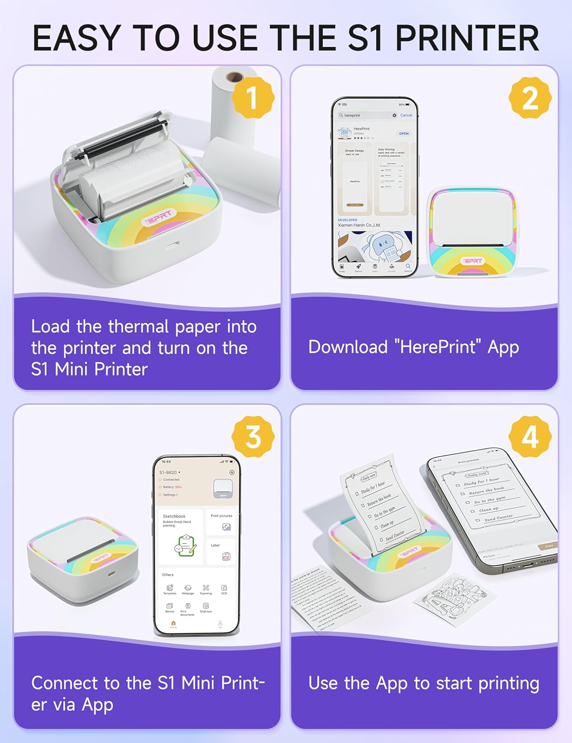 iDPRT Mini Printer with 1 Roll Sticker Paper, Portable Sticker Machine Efficiently and Quickly, DIY, Label, Rainbow