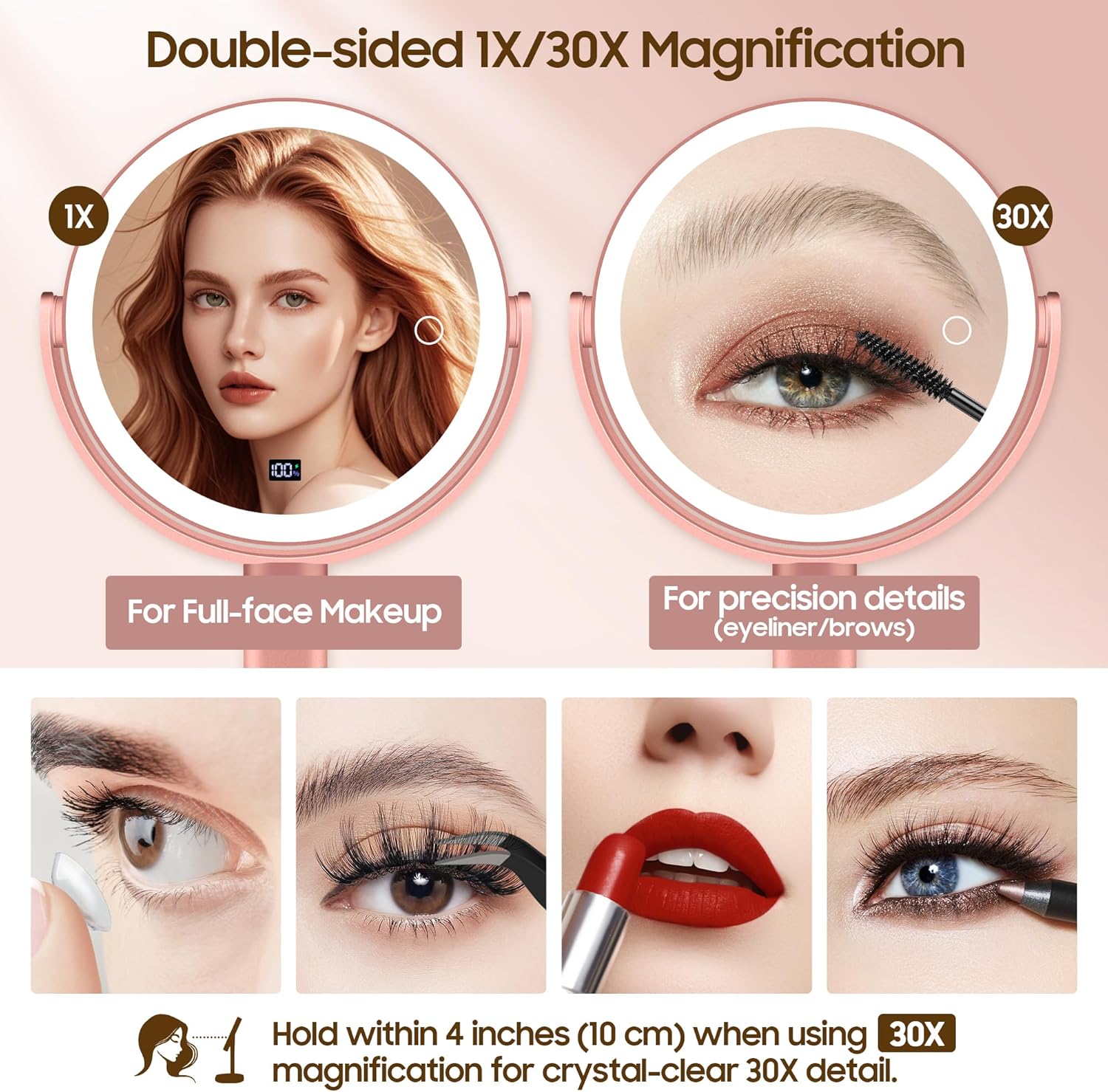 Makeup Magnifying Mirror with Light 30X/1X, Digital Display, 2-Sided Touch Control, Makeup Mirror with 3 Color Lights,360° Rotate, Height Adjustable Lighted Magnifying Mirrors for Desk Travel