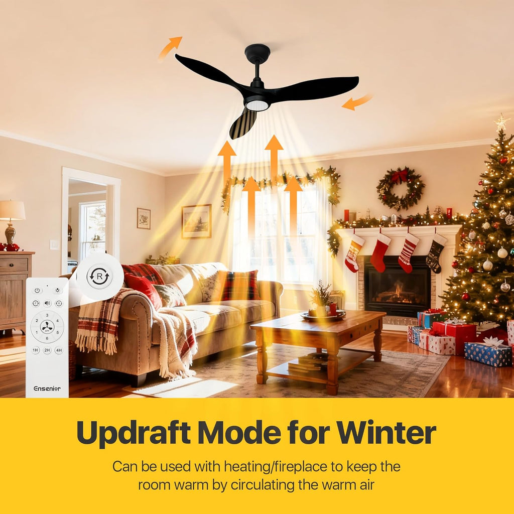 Ensenior 52 Inch Smart Ceiling Fans with Lights and Remote, Control via Alexa Google Voice App, 6 Speeds Reversible DC Motor 3000K-6000K, Dimmable LED, Black Bedroom Ceiling Fan with Lights - 3 Blades