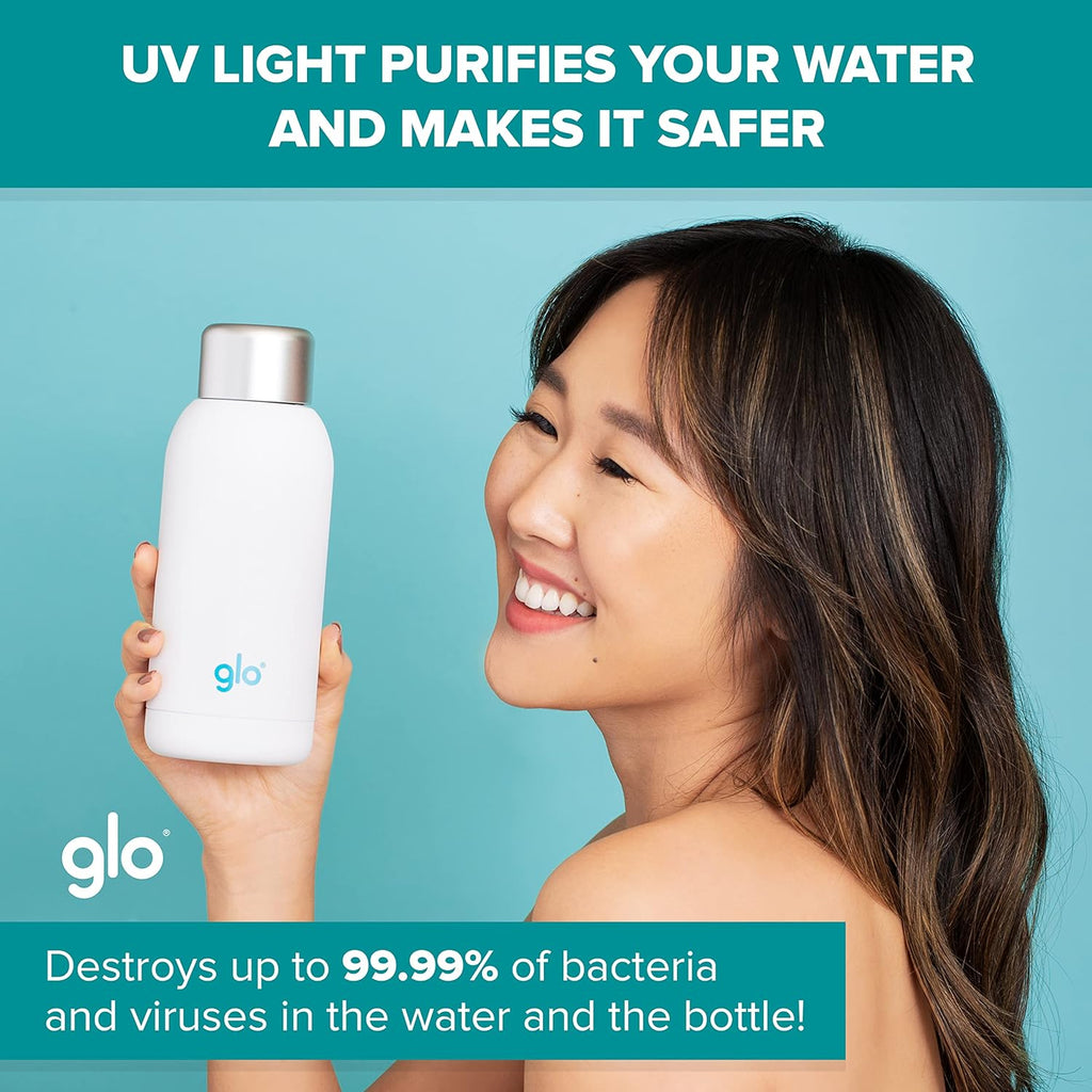 Glo - UV Water Smart Bottle | Eliminates Bad Odor and Taste | Double Insulation Stainless Steel BPA Free 400ml | Keeps Water Hot 12h and Cold 24h | Perfect for Camping Hiking Cycling and Survival