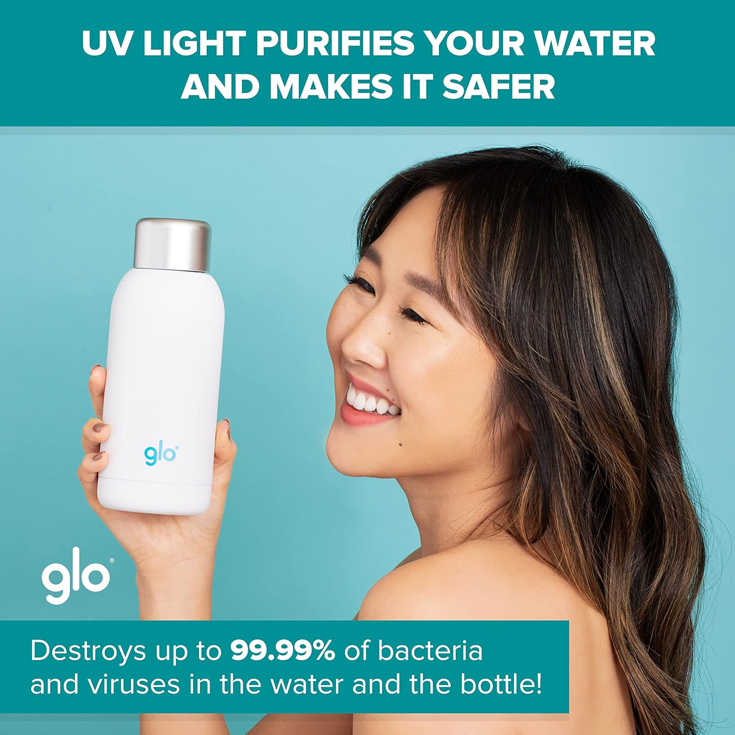Glo - UV Water Smart Bottle | Eliminates Bad Odor and Taste | Double Insulation Stainless Steel BPA Free 400ml | Keeps Water Hot 12h and Cold 24h | Perfect for Camping Hiking Cycling and Survival
