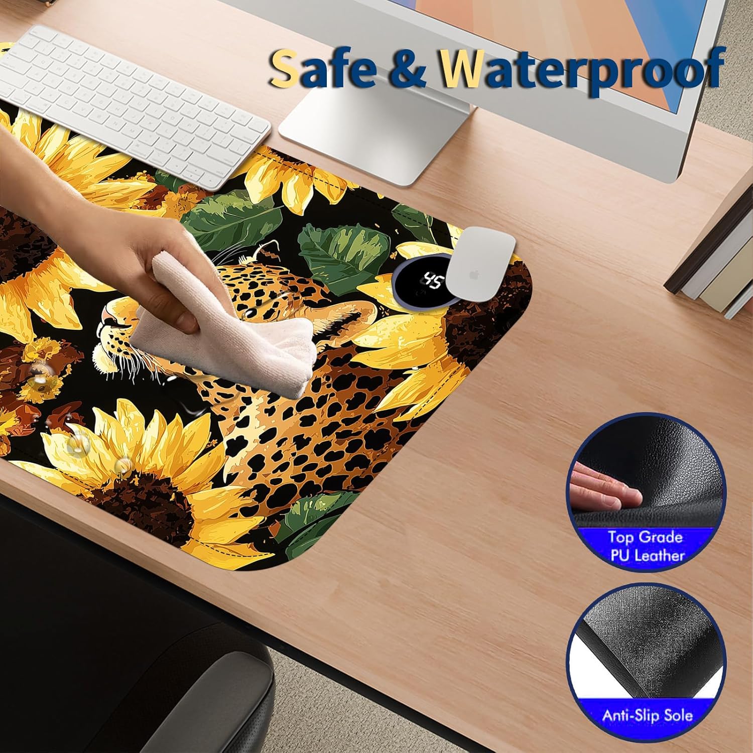Heated Mouse Pad with 3 Temperature Settings(104°F–122°F),Large 24x14.2 Inch PU Leather Heated Desk Mat,Waterproof Warming Pad for Office,Gaming & Cold Hands Relief,Sunflowers Leopard Print