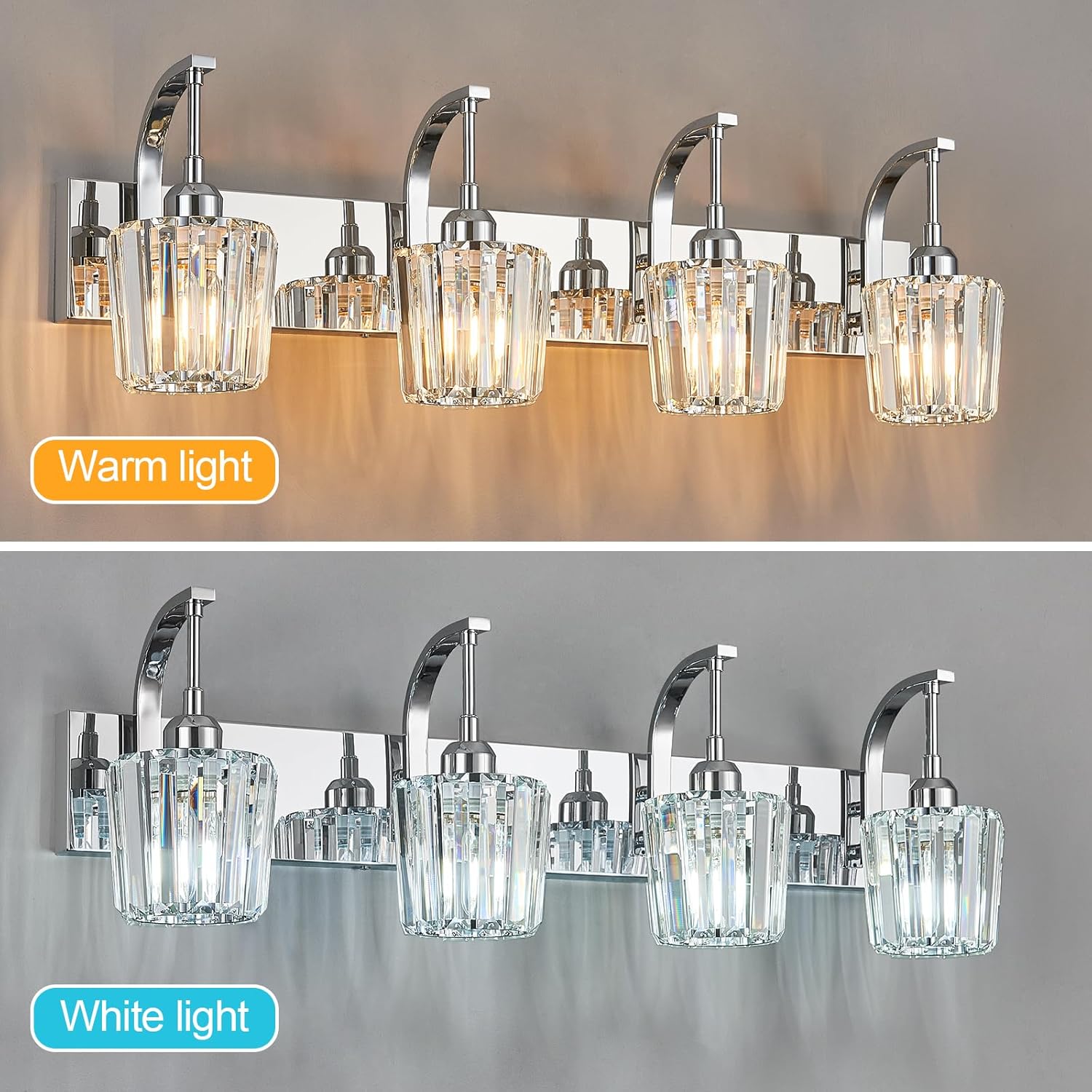 Modern Bathroom Vanity Light, 4-Light Chrome Wall Sconce with Crystal Accents, Over Mirror Bathroom Lighting Fixture, 32.67" Long Dimmable Vanity Lamp for Makeup, Easy Installation