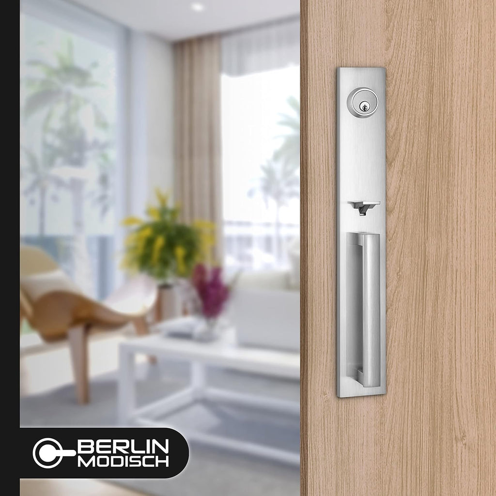 Berlin Modisch Full Escutcheon HandleSet Front Door Entry Handle and Deadbolt Lock Set Slim Square Single Cylinder Deadbolt and Lever Heavy Duty – Satin Nickel Finish