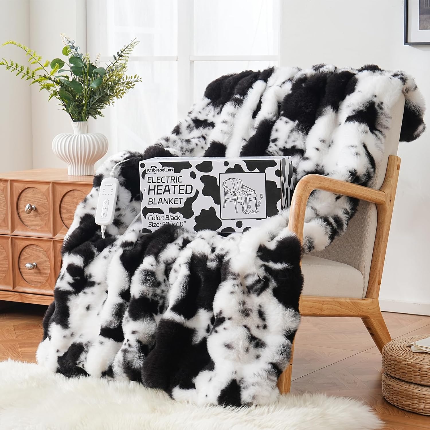 Cow Print Heating Throw Blankets Luxurious Western Soft Bubble Faux Rabbit Fur 8 Heat Settings Overheat Protection Quick Heating Electric Heated Blanket 50"x60"(Black)