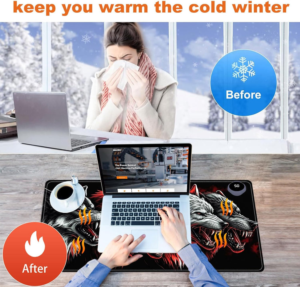 Heated Mouse Pad for Desk 31.5" x 13" – PU Leather Warm Desk Pad with 3 Heat Levels (104°F/113°F/122°F), Plug-in Electric Heating Mat with Auto Shut-Off, Waterproof & Rollable, Four Wolves