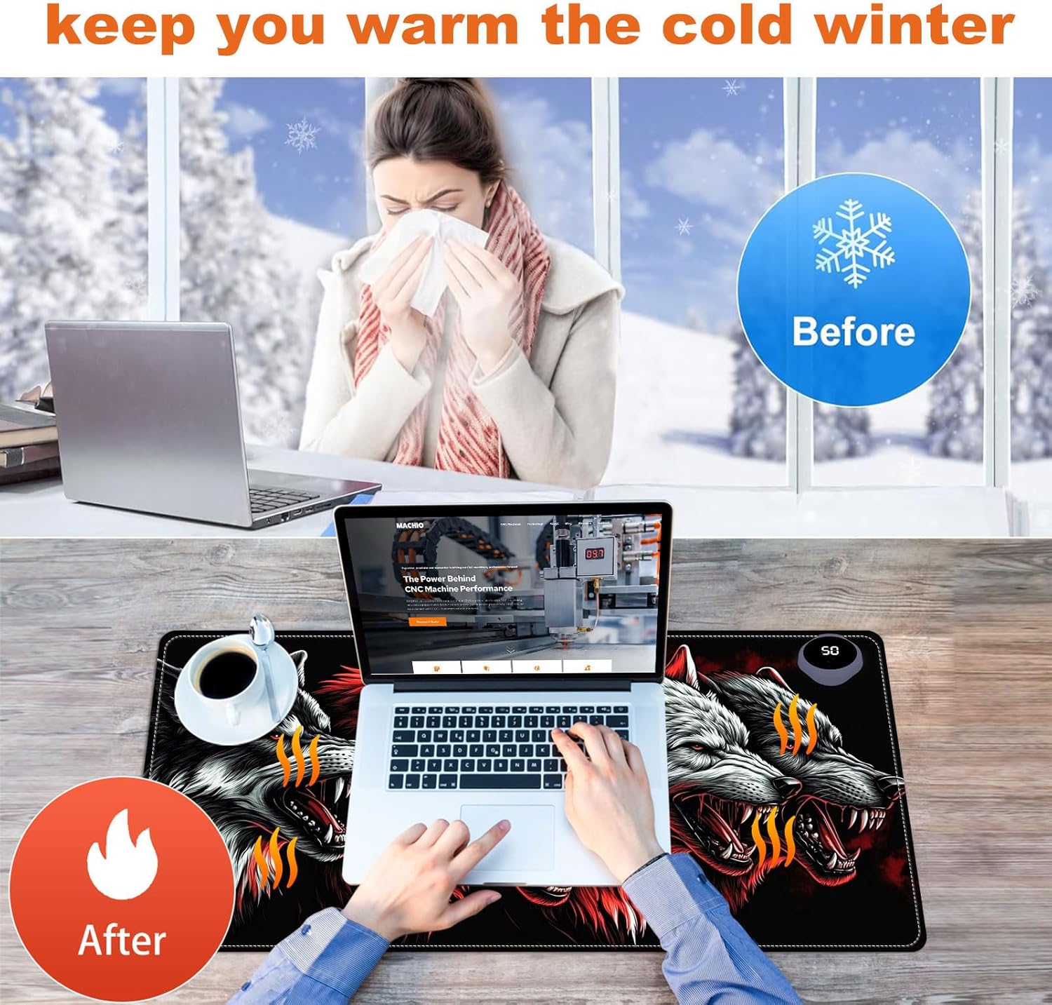 Heated Mouse Pad for Desk 31.5" x 13" – PU Leather Warm Desk Pad with 3 Heat Levels (104°F/113°F/122°F), Plug-in Electric Heating Mat with Auto Shut-Off, Waterproof & Rollable, Four Wolves