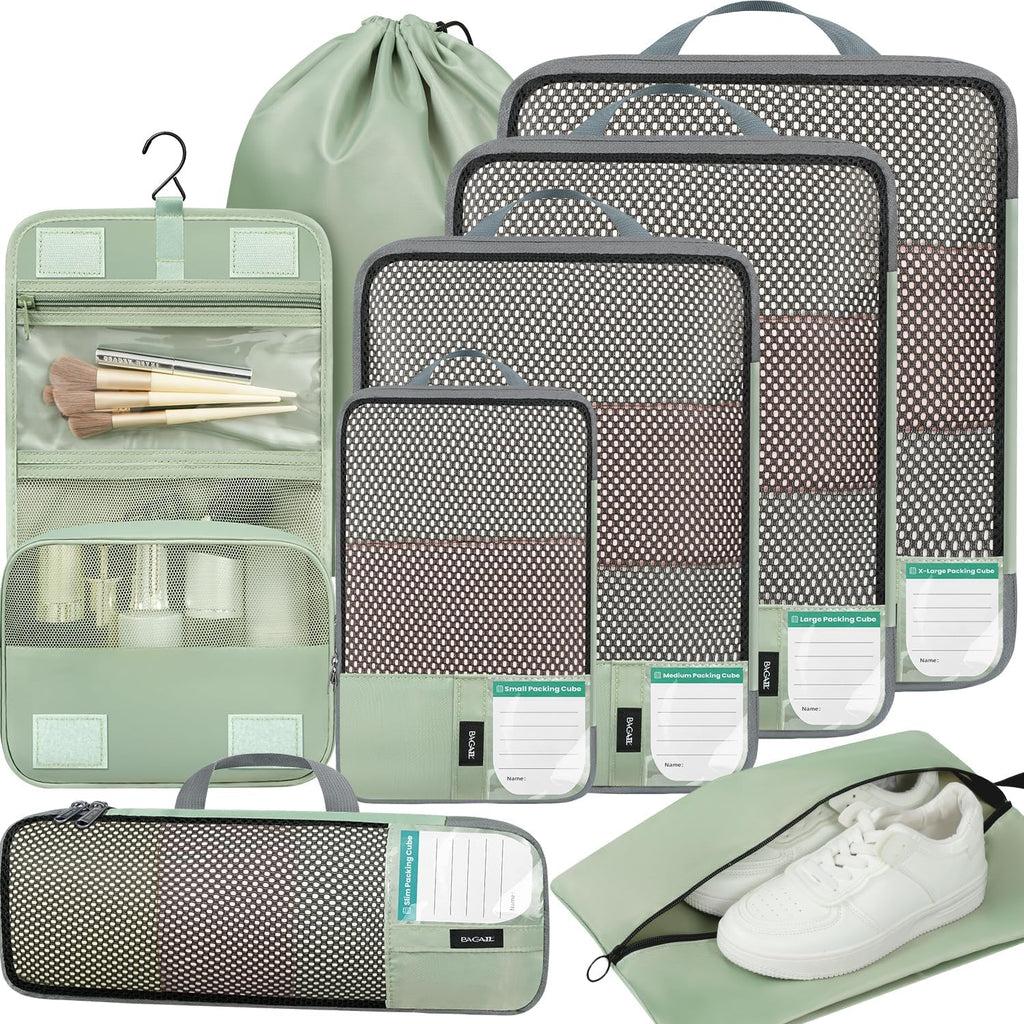 BAGAIL 4 Set/6 Set/8 Set Compression Packing Cubes Travel Accessories Expandable Packing Organizers(HalfMesh, 8-MatchaGreen)