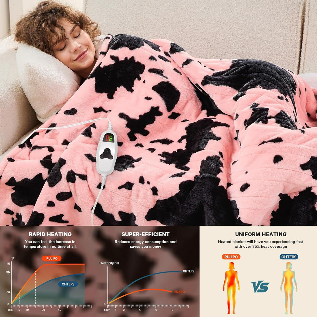 Cow Print Electric Heated Blanket Queen Size,84X90 Light Pink Heating Blanket Queen with Dual Control&Timer&10 Heat Levels,Highland Cow Decor Sherpa Blankets Warmer Gifts for Bed Women Adults