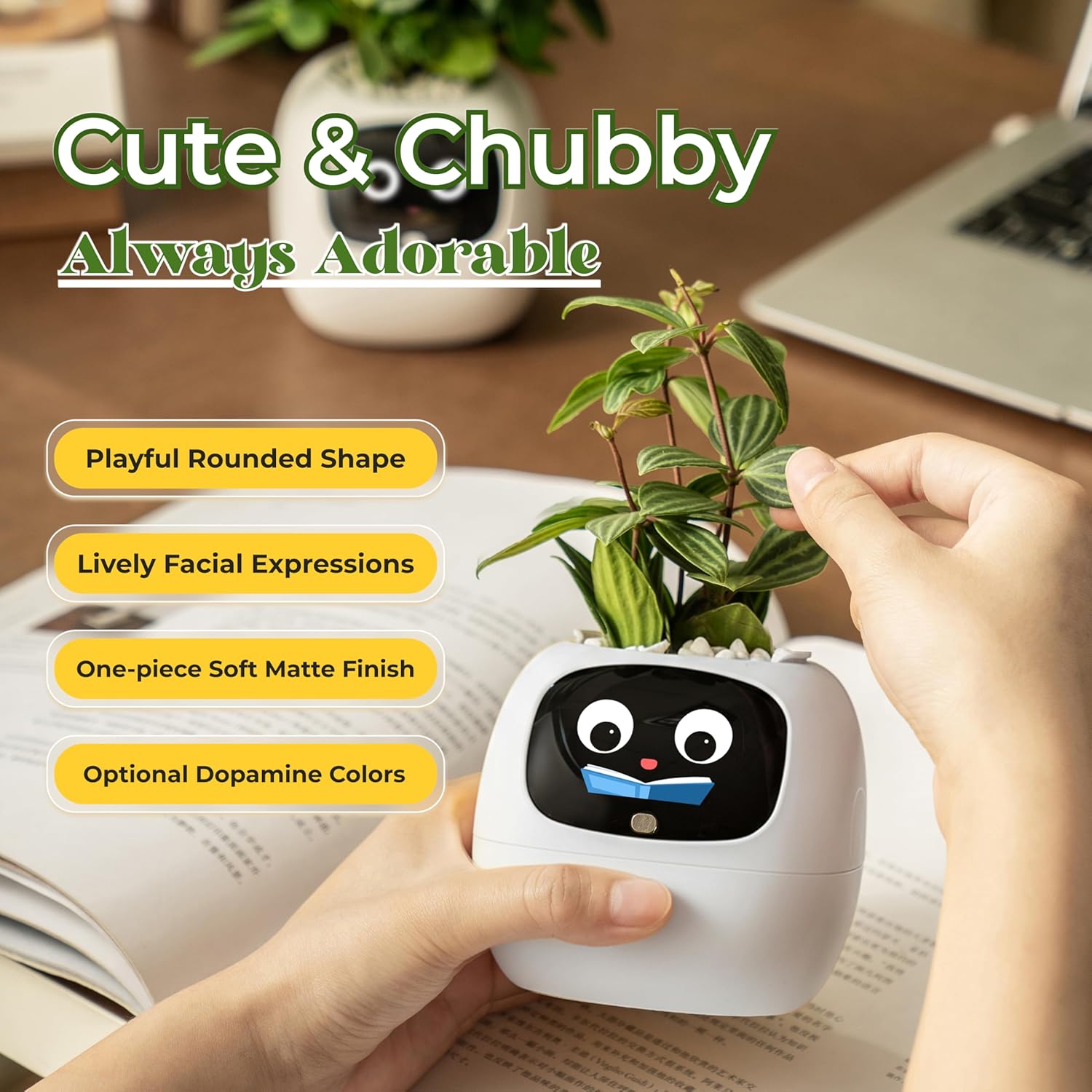 Ivy AI Smart Plant Pot with Emoji Intelligent Planter Robot for Houseplants Tamagotchi Flower Pot Stylish Plantagotchi Home Decor(Ivory)