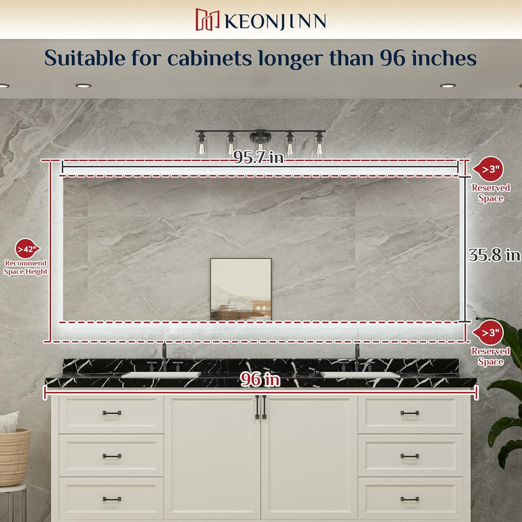Keonjinn LED Backlit Mirror 96” x 36” Oversized Lighted Bathroom Mirror with UL Listed LED Driver, Large Stepless Dimmable Wall Mirror, Tempered Glass, CRI90+ Anti Fog Vanity Mirror with Backlights