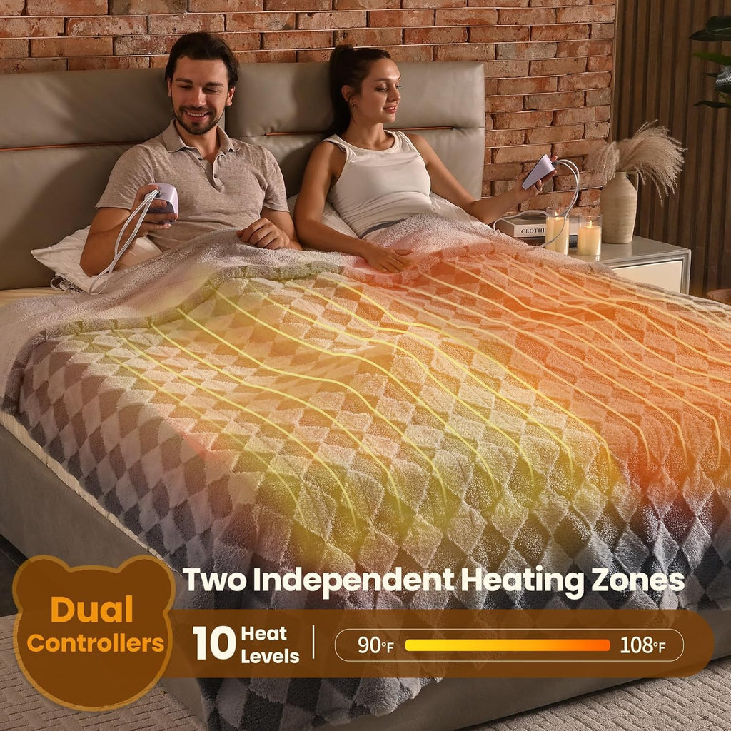 Bearhug Heated Blanket King Size 100" x 90" Dual Controller Electric Blanket Gray Teddy Faux Fur& Warm Sherpa Heating Blanket 10-Heat Levels& 1-12H Auto Off, ETL, Machine Washable, Gift Box