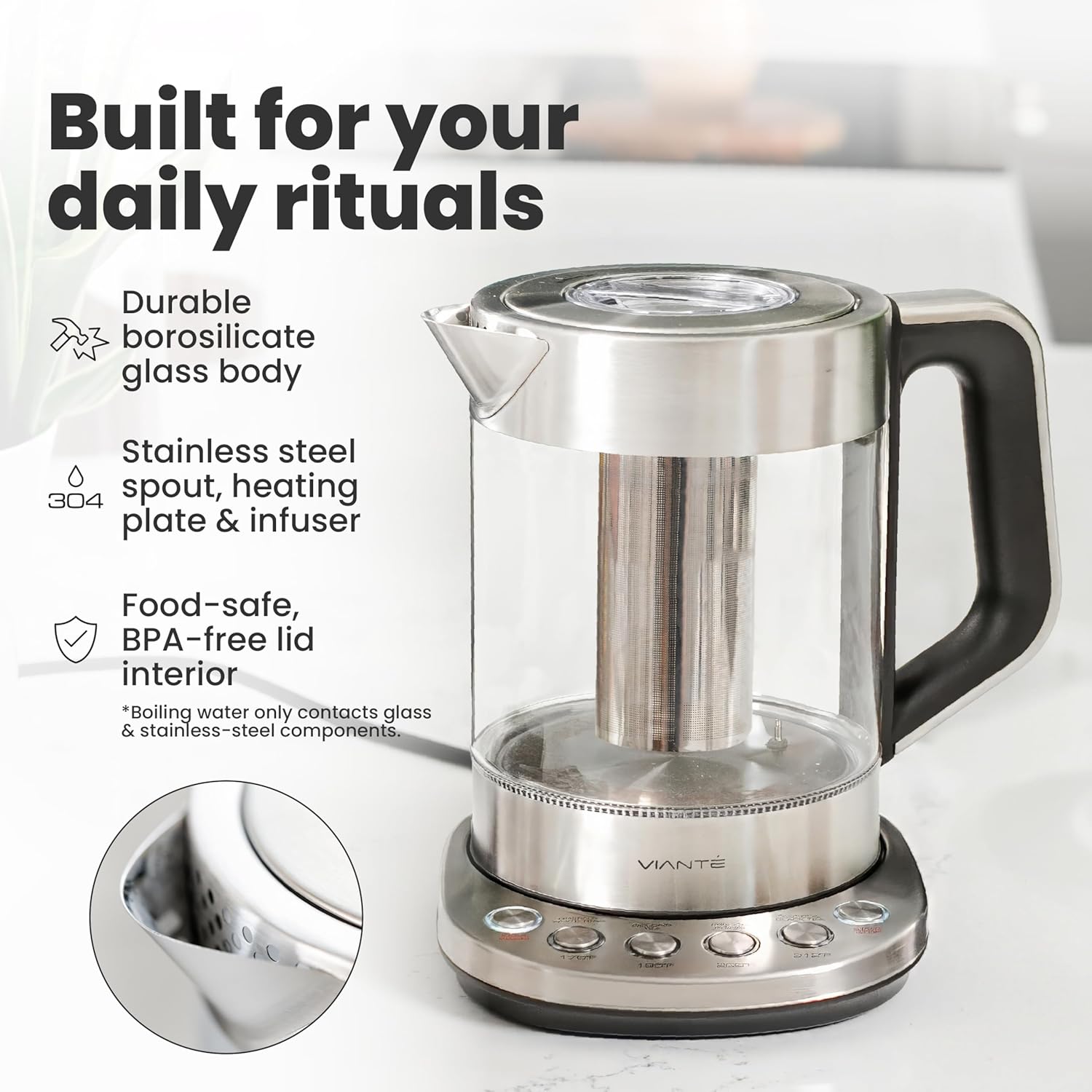 Vianté Electric Kettle With Infuser For Loose Leaf. Hot Tea Maker With Temperature Control And Automatic Shut Off. Tea Kettle With Brewing Programs. 1.5 Liters Capacity