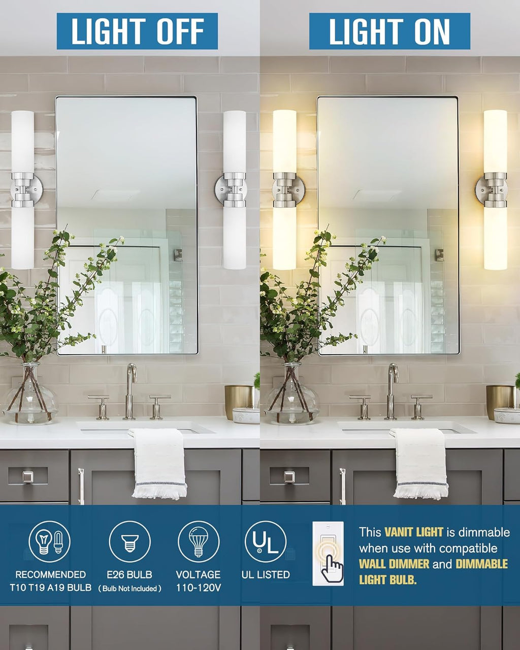 Emak Modern Brushed Nickel Bathroom Light Fixtures, 2-Light Vanity Lights for Mirror, 22 Inch Indoor Wall Sconces with Milk Glass Shade for Bathroom, Bedroom, Hallway, VL085-BN-ML-2