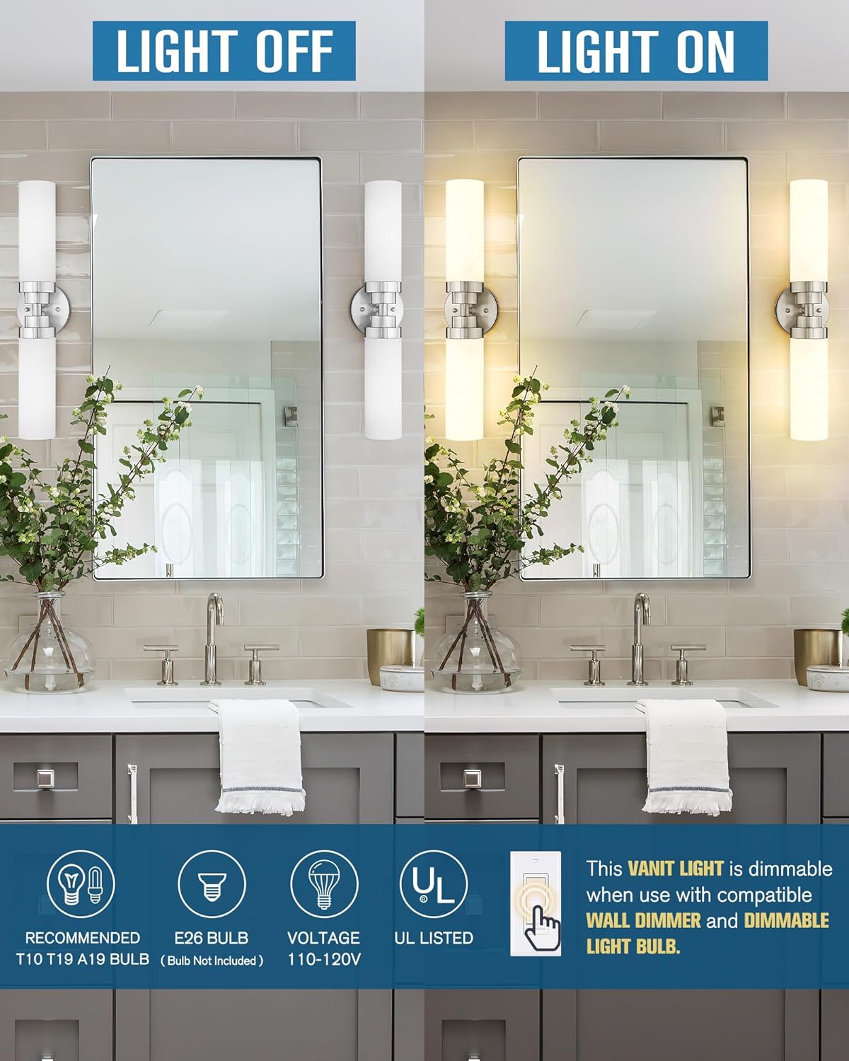 Emak Modern Brushed Nickel Bathroom Light Fixtures, 2-Light Vanity Lights for Mirror, 22 Inch Indoor Wall Sconces with Milk Glass Shade for Bathroom, Bedroom, Hallway, VL085-BN-ML-2