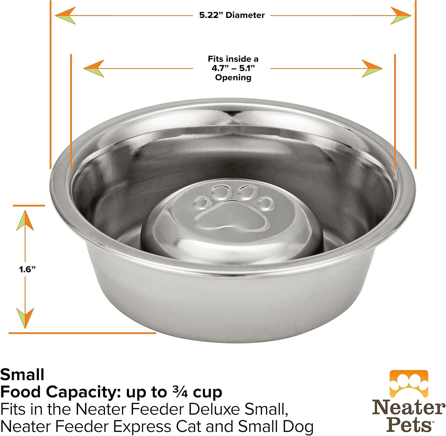 Neater Pet Brands Stainless Steel Slow Feed Dog Bowl for Fast Eating Small Breeds, Metal Slow Feeder Dog Bowl Fits in Cat & Small Neater Feeders, for Puppy or Dogs (< 15 lbs), 3/4 Cup Food Capacity
