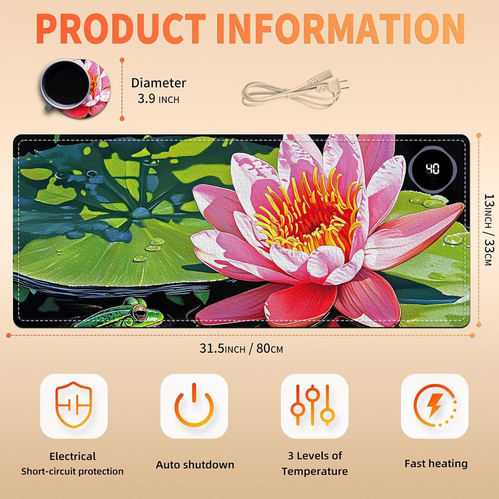 Heated Mouse Pad, Warm Desk Pad, Keyboard Mat 31.5 x 13 Inch Large Size Intelligent Fast Heating, 3 Speed Adjustable, Timed Auto Power Off for Game Office Home,Lotus Flower