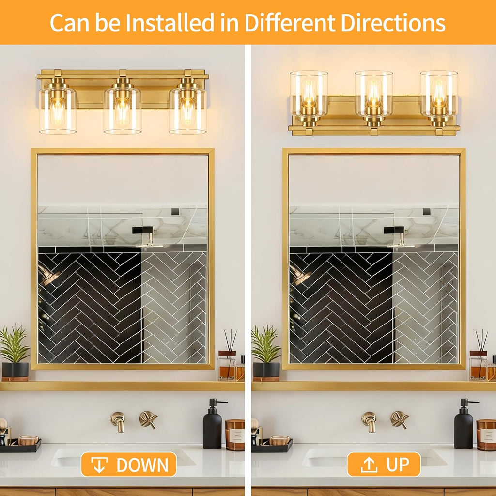 3 Light Modern Bathroom Light Fixtures Over Mirror, Brass Finish Vanity Lights for Bathroom Wall Sconces with Clear Glass Shades, E26 Socket (Bulbs Not Included)