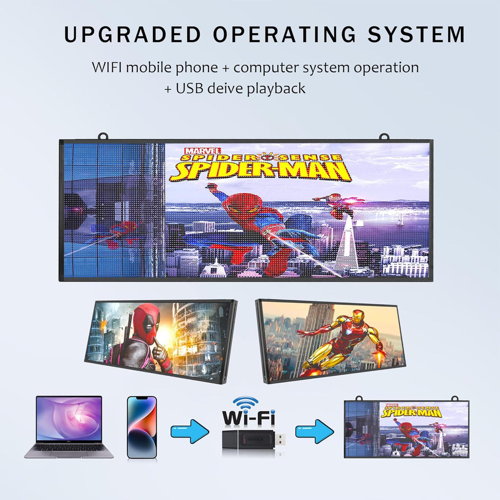 P5 Outdoor IP65 Waterproof 39"x14" Programmable LED Sign Board - WiFi Full Color High-Res Scrolling Display, USB Control, Custom Images & Video for Business