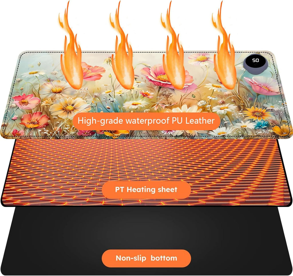 Heated Mouse Pad with 3 Levels Heated & 3 Hours Auto Shut-Off Mouse Pad for Warming Hands in Office Home, 23.6" x 14.2"Large Safe Desk Mat Hand Warmer，Colorful Flowers