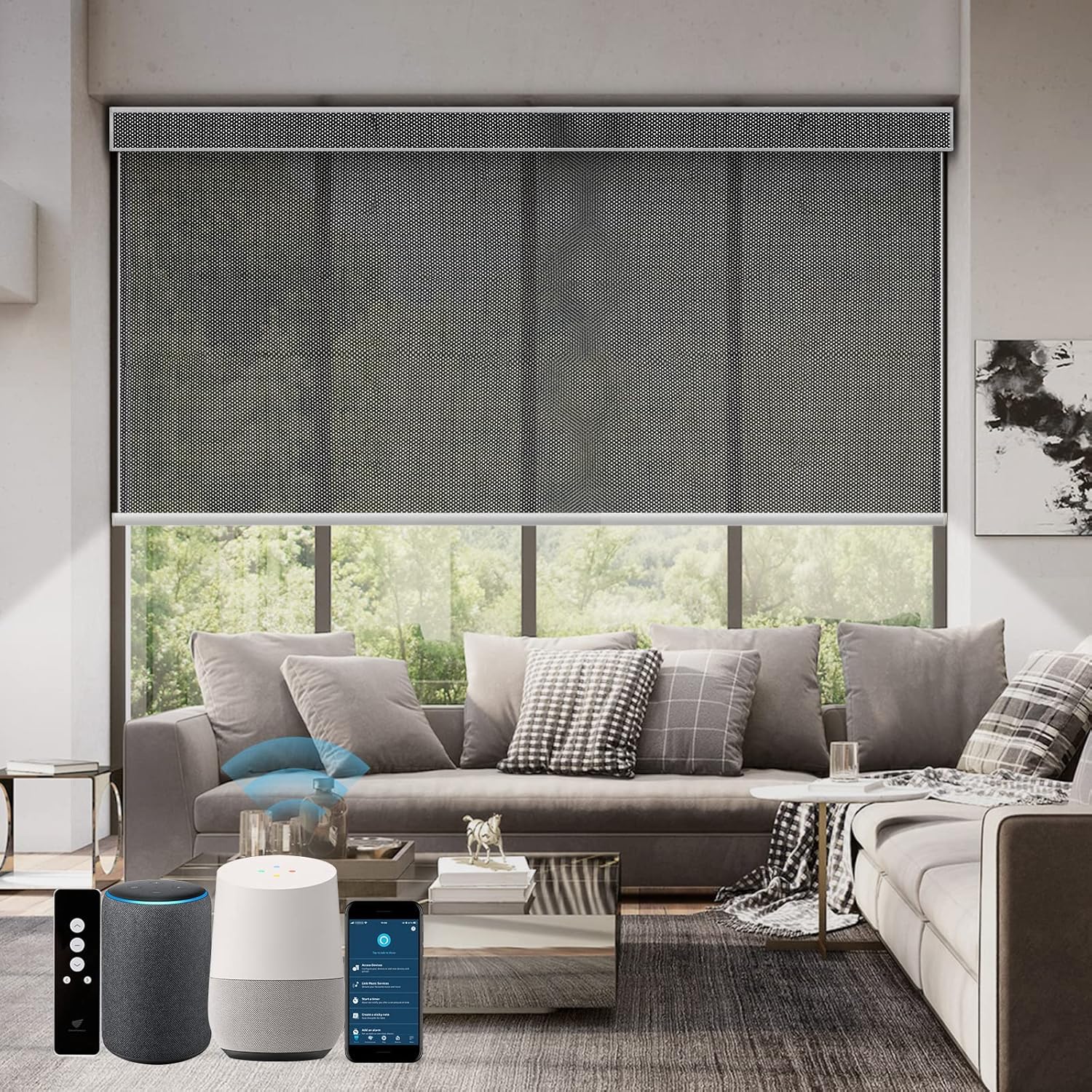SmartWings Motorized Roller Shades 5% Openness Work with Homekit, Alexa SmartThings Google, Zigbee Motor Smart Blinds for Windows, Cordless Remote Control Window Shades, Customized, Charcoal Grey
