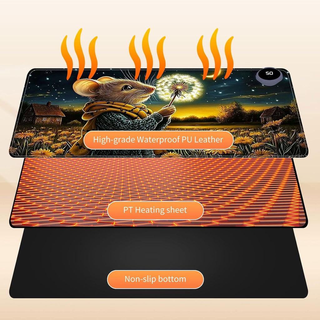 Heated Mouse Pad for Desk 31.5" x 13" – PU Leather Warm Desk Pad with 3 Heat Levels (104°F/113°F/122°F), Plug-in Electric Heating Mat with Auto Shut-Off, Waterproof & Rollable, Mouse with Dandelion