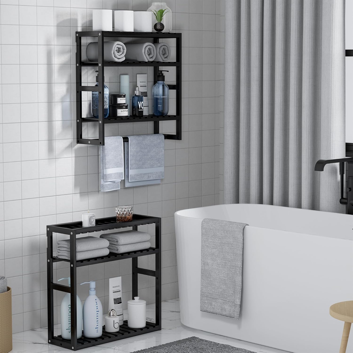 PPN Towel Rack Bathroom Storage Shelves Over The Toilet with Towel Bar 100% Bamboo Adjustable Height Floating Shelf Wall Shower Shelf for Small Space Bathroom Kitchen Multi Usage (Black-1Pack)