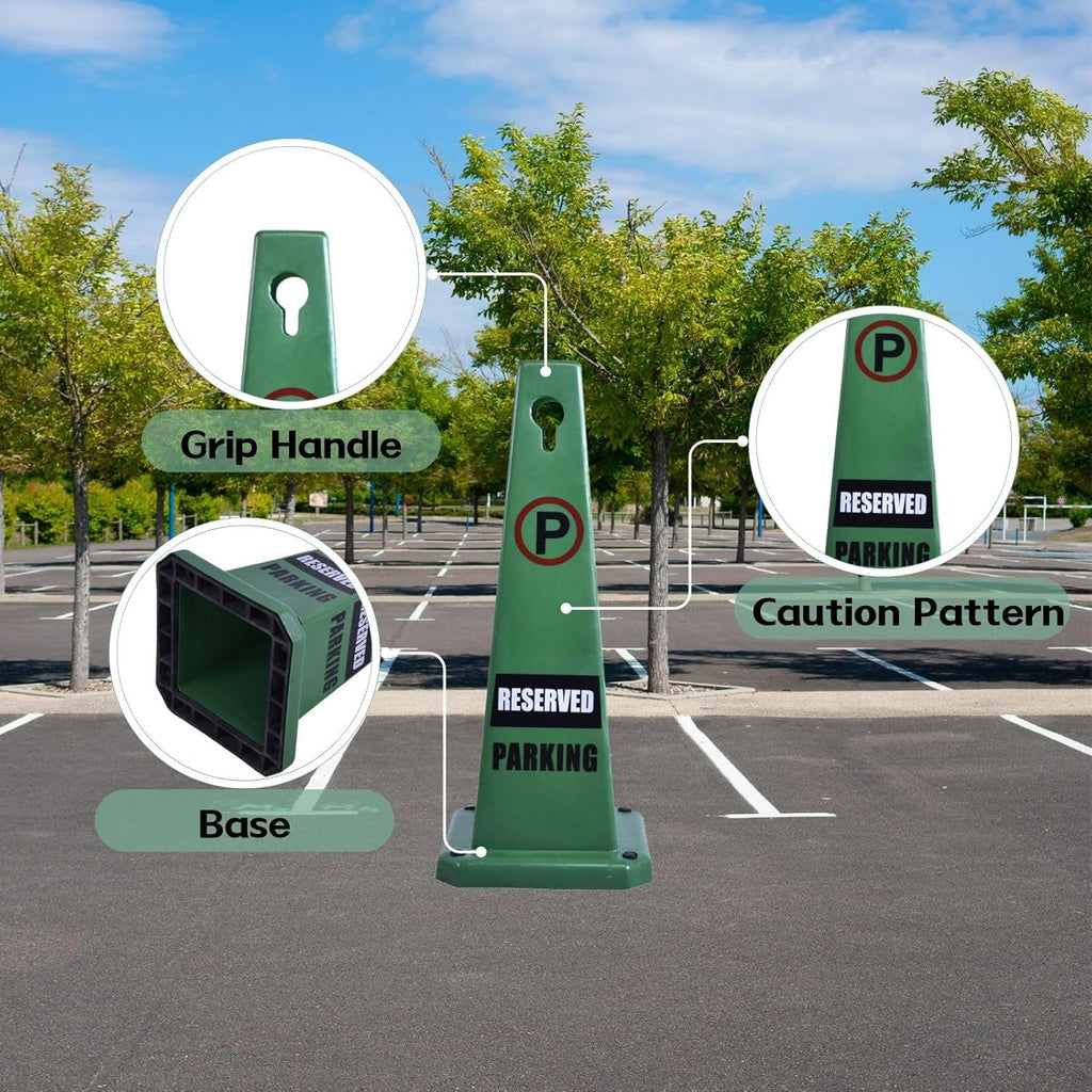 26.5" Caution Cones, 4-Sided Visible Safety Signs with Heavy Rubber Base, Warning for Slip & Fall Prevention, Indoor/Outdoor Use (8, Reserved Parking-Green, 26.5 inch)