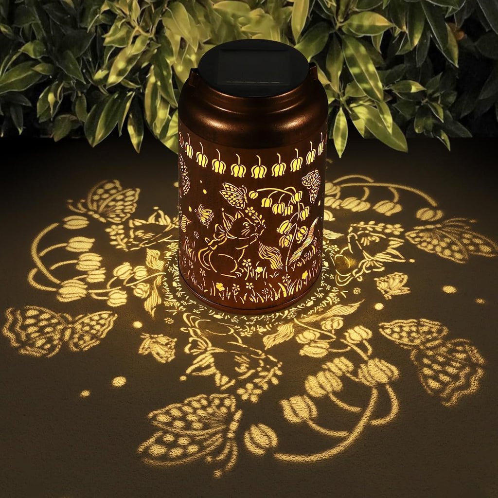 Solar Lanterns Outdoor Waterproof Hummingbird Garden Decor Christmas Gifts for Women Mom Grandma Hanging Lights Metal Decoration Outside for Yard, Patio,Backyard,Porch(Cat and Butterfly)