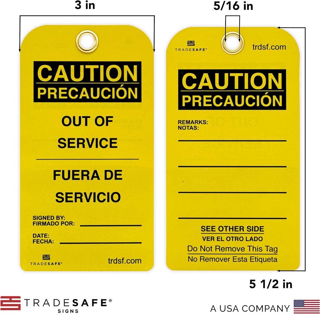 TRADESAFE Bilingual Out of Service Tags, Fuera de Servicio - 30 Yellow Caution Sign with 30 Cable Ties, Durable 32 mil Vinyl, Caution Tags for Equipment Repair or Service, Accident Prevention