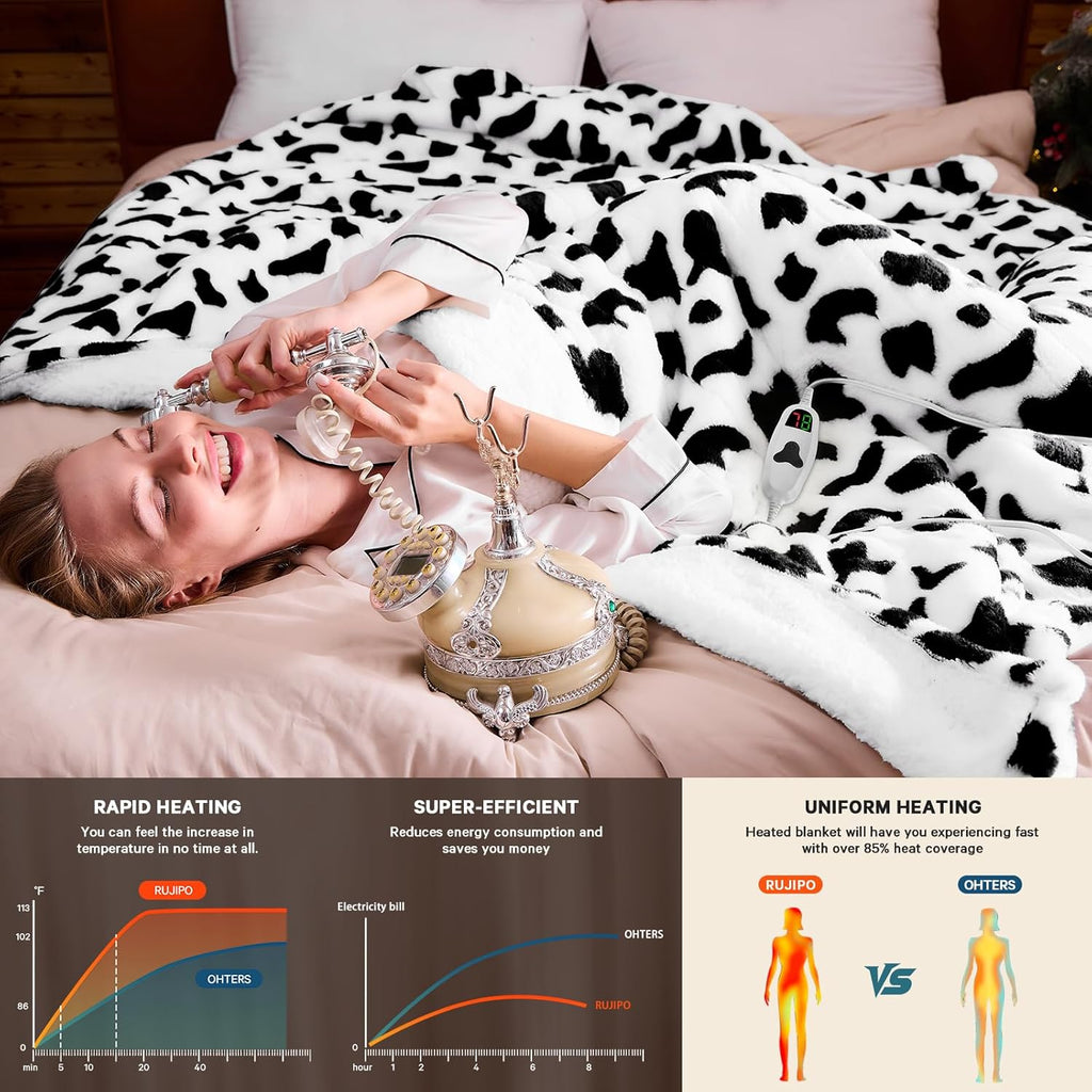 Cow Print Heated Electric Blanket Twin,62X84 Black Heating Blanket with 10 Heats Levels & 8 Hours Auto Off,Cute Cow Decor Fleece Sherpa Blankets Warmer Gifts for Women Couch Office,Washable
