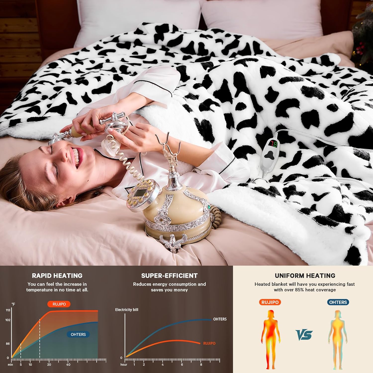 Cow Print Electric Heated Blanket Queen Size,84X90 Black Heating Blanket Queen with Dual Control&Timer&10 Heat Levels,Cute Cow Decor Sherpa Blankets Warmer Gifts for Bed Women Adults