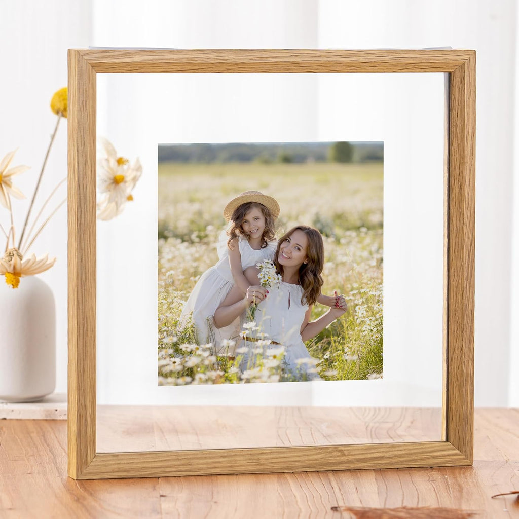 Axeman 10x10 Floating Picture Frame -Solid Oak Wood Square Picture Frame, Double Tempered Glass Photo Frame 3x3 4x4 5x5 6x6 8x8 10''x10'' Wood Frame, Wall Mount Or Tabletop Standing, Natural