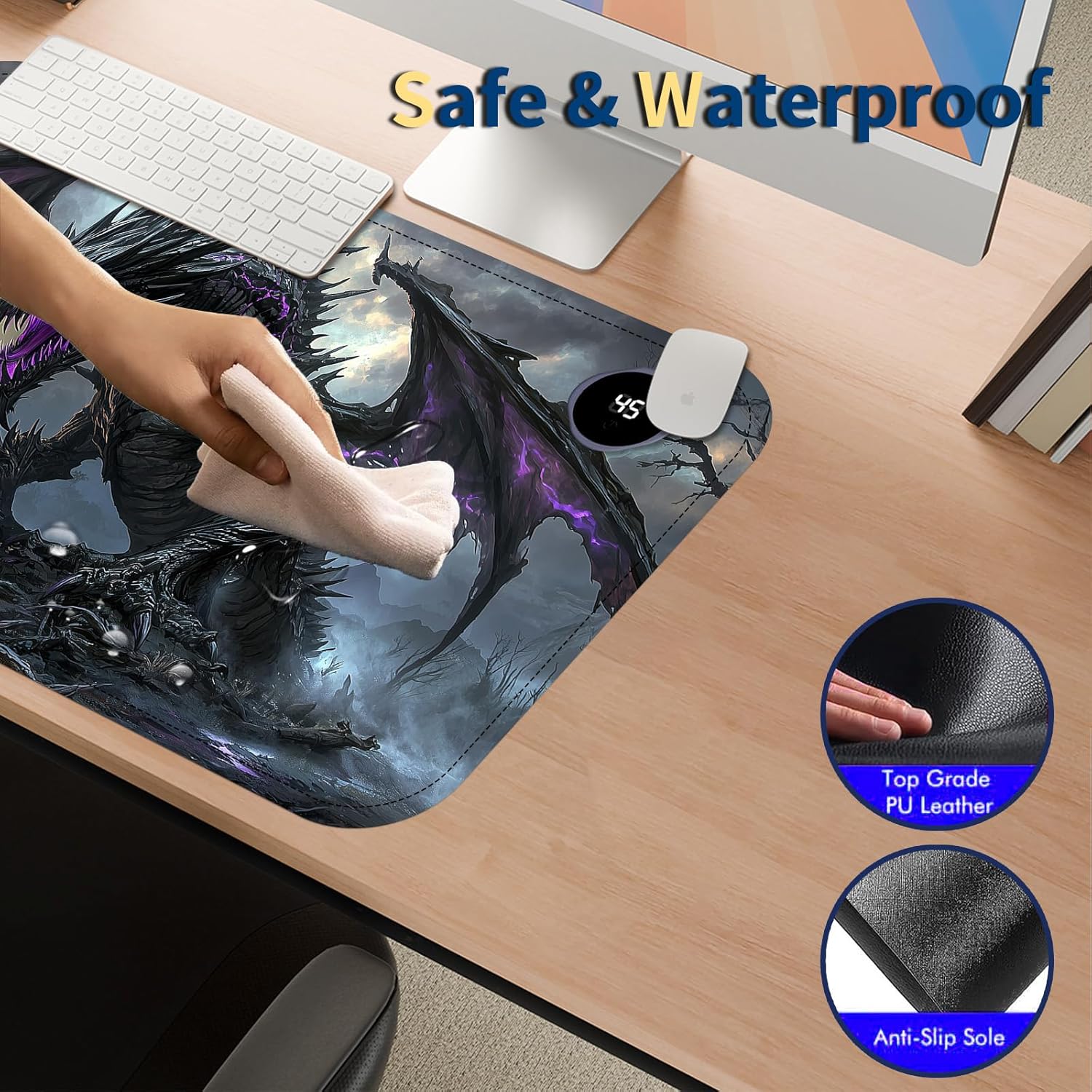 Heated Mouse Pad with 3 Temperature Settings(104°F–122°F),Large 24x14.2 Inch PU Leather Heated Desk Mat,Waterproof Warming Pad for Office,Gaming & Cold Hands Relief,Dark Dragon Fantasy