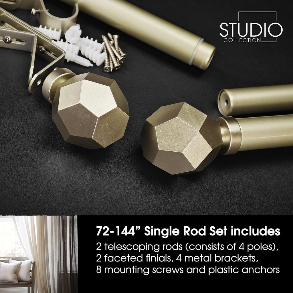 1-1/8 Inch Diameter Champagne Gold Curtain Rod with Geometric Faceted Finials, 72-144'' Telescoping Single Curtain Rods for window width 68-140 inch, 1 pack