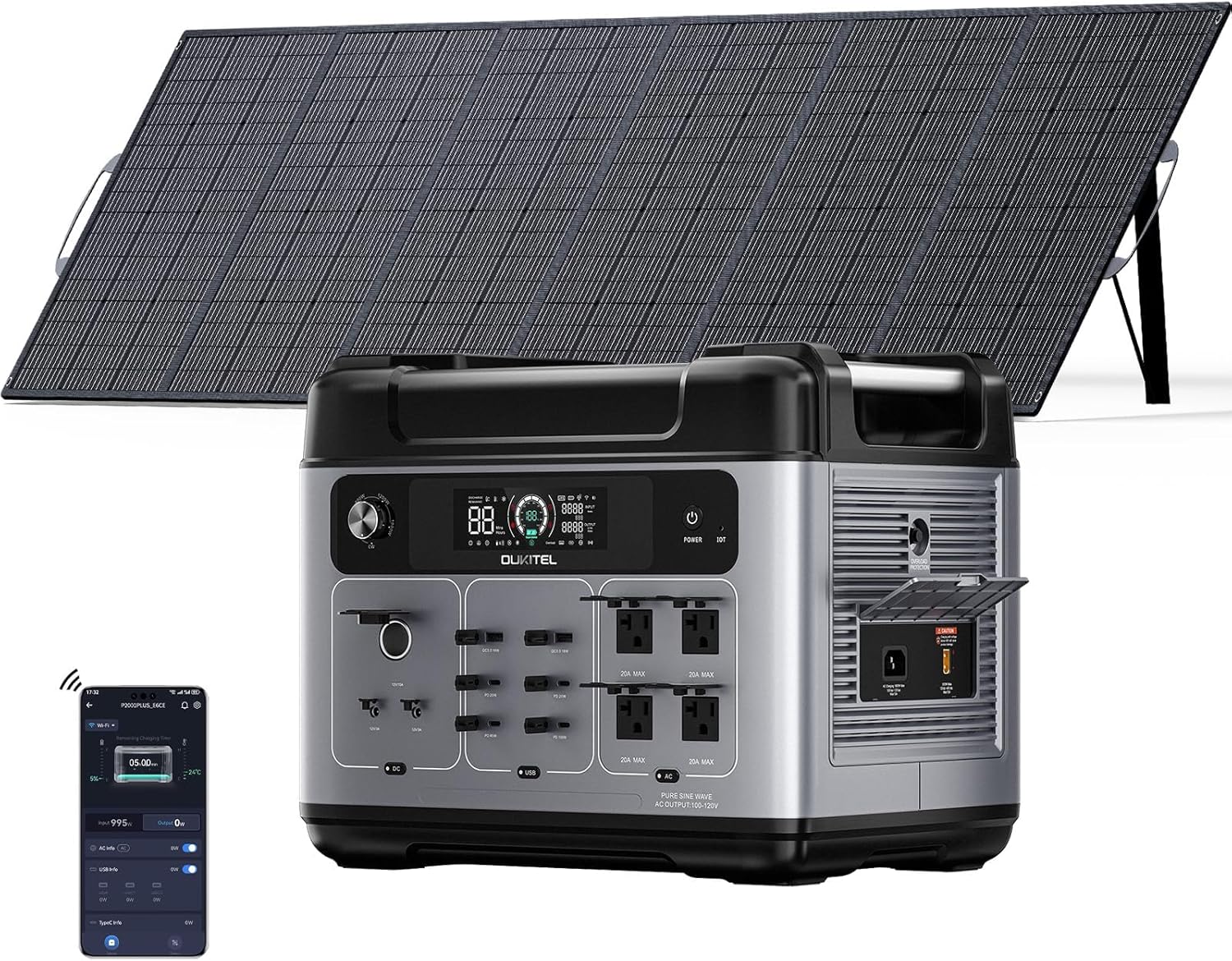 OUKITEL P2001 Plus 2400W/2048Wh Solar power station with 4 AC Outlets(5000W Peak),2400W Solar Generator with 500W Solar Panels, 1800W Super Fast Charging, Emergency Power Station for Home, Camping