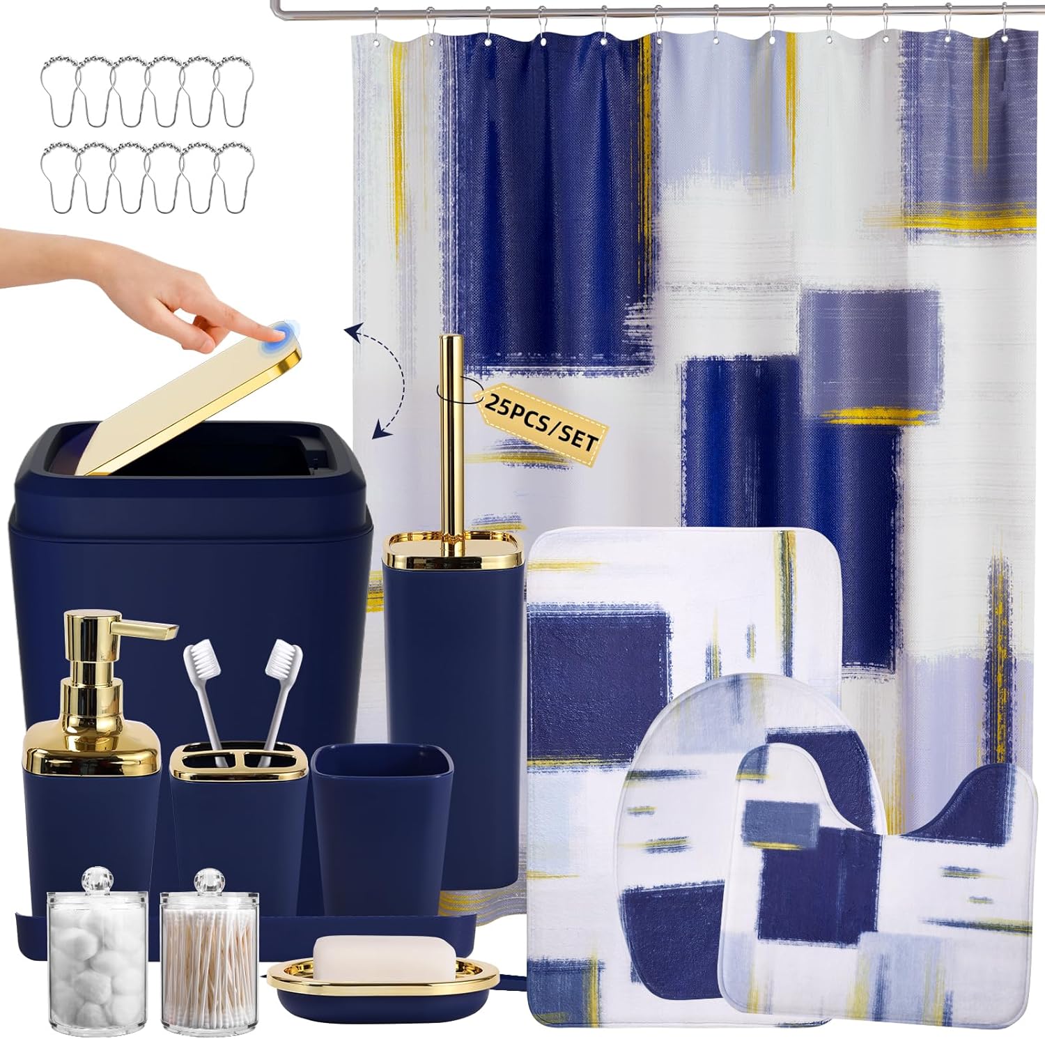 Bathroom Accessories Set - 25PC Bathroom Set with Shower Curtain and Rugs, Blue Bathroom Set, Bathroom Accessory Set with Press-on Lid Trash Can, Soap Dispenser and Qtip Holders
