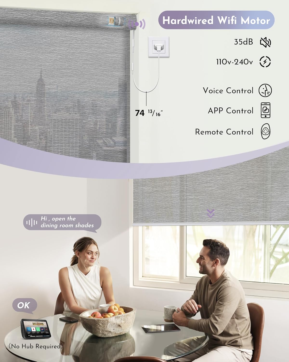 Graywind Motorized Light Filtering Shades Compatible with Alexa Google Hardwired WiFi Smart Half Shading Remote Control Automated Blinds Electric Window Shades, Custom Size (Mixwave Grey)