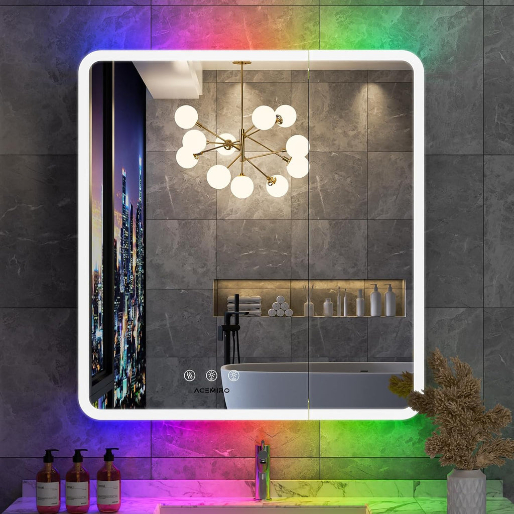 LED Medicine Cabinet with Lights, 30×32 Inch Lighted Medicine Cabinet with Mirror and Adjustable Lights, RGB Multicolor Backlit+3-Color Front Lighted, Defogger, Memory Function, Wall Mounted
