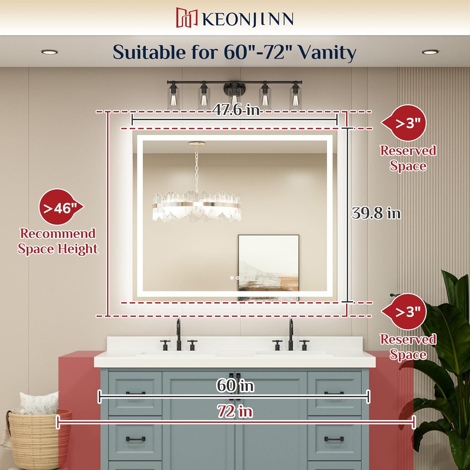 Keonjinn 48 x 40 Inch LED Bathroom Mirror with Lights, Bighter Frontlit & Backlit Vanity Mirror with Stepless Dimmable 3-Color, Anti-Fog Mirror for Wall, HD Tempered Glass, Memory Founction, CR90+