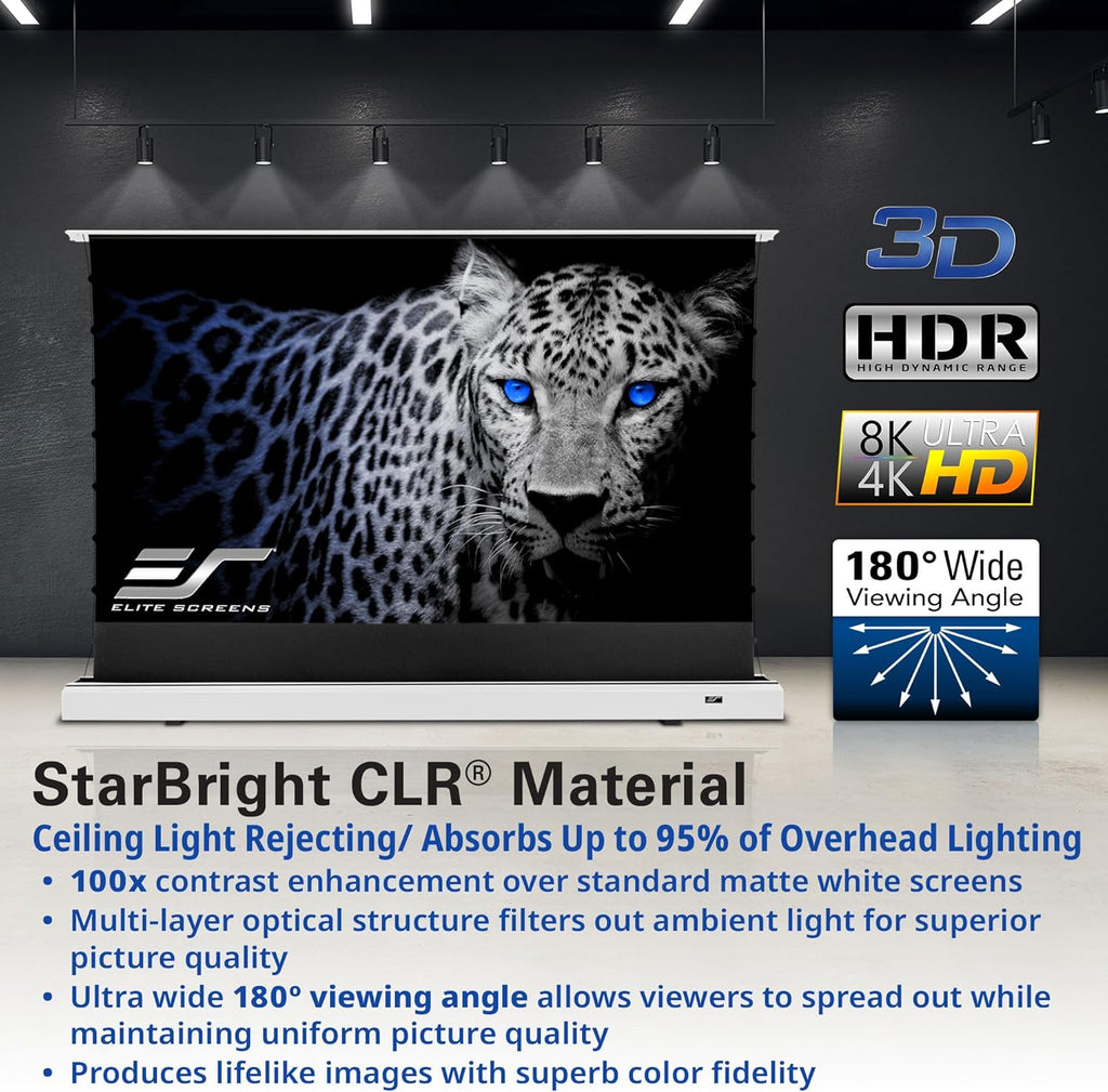 Elite Screens Kestrel Tab-Tension CLR, 101 inch 16:9, Ultra-Short Throw Ceiling Ambient Light Rejecting ALR Electric UST Floor-Rising Projection Motorized Front Projector Screen, FTE101XH3-CLR, White