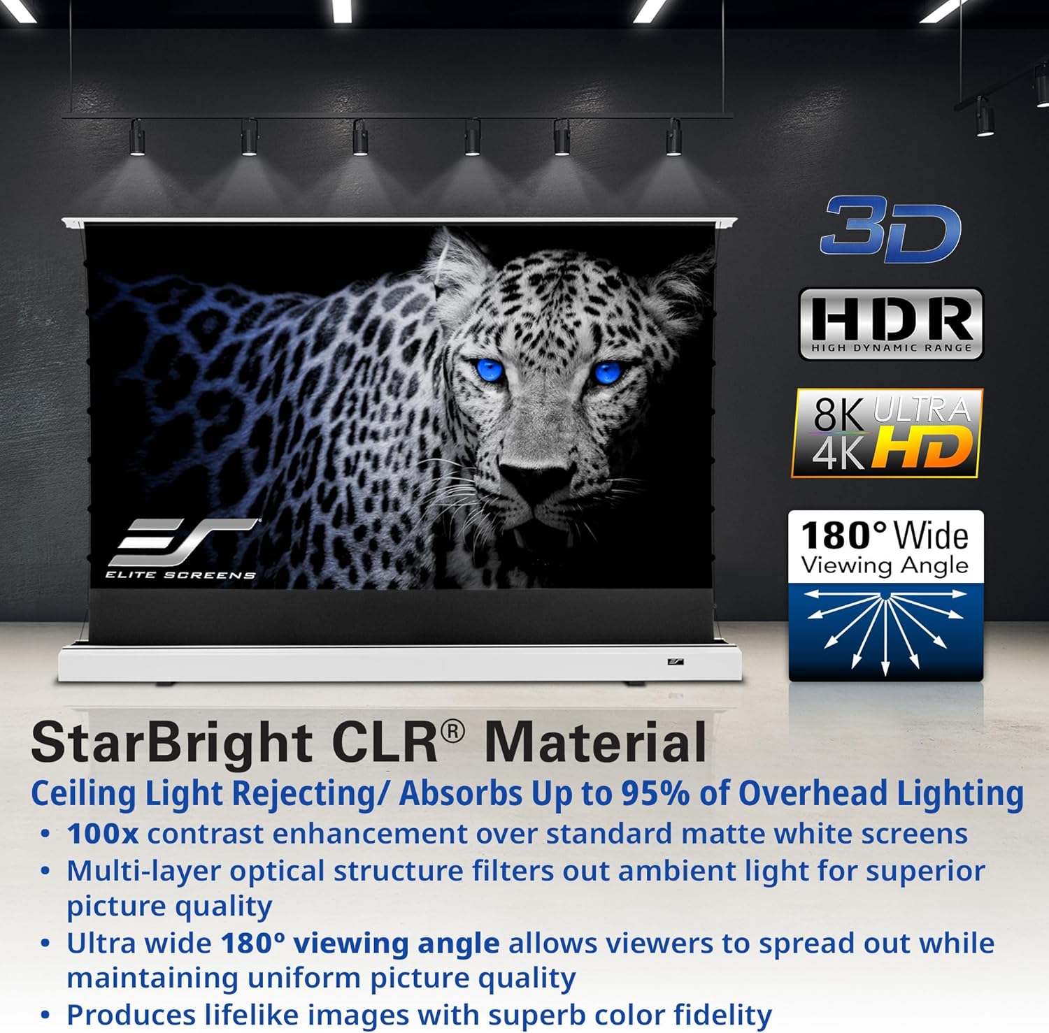 Elite Screens Kestrel Tab-Tension CLR, 101 inch 16:9, Ultra-Short Throw Ceiling Ambient Light Rejecting ALR Electric UST Floor-Rising Projection Motorized Front Projector Screen, FTE101XH3-CLR, White