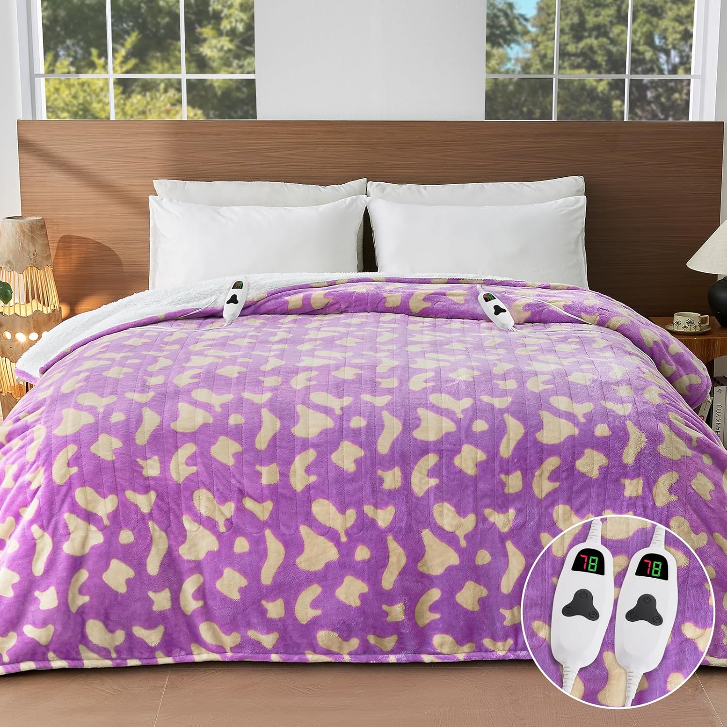 Leopard Print Electric Heated Blanket Queen Size,84X90 Purple Heating Blanket Queen with Dual Control&Timer&10 Heat Levels,Cute Leopard Fleece Sherpa Blankets Warmer Gifts for Bed Women Adults