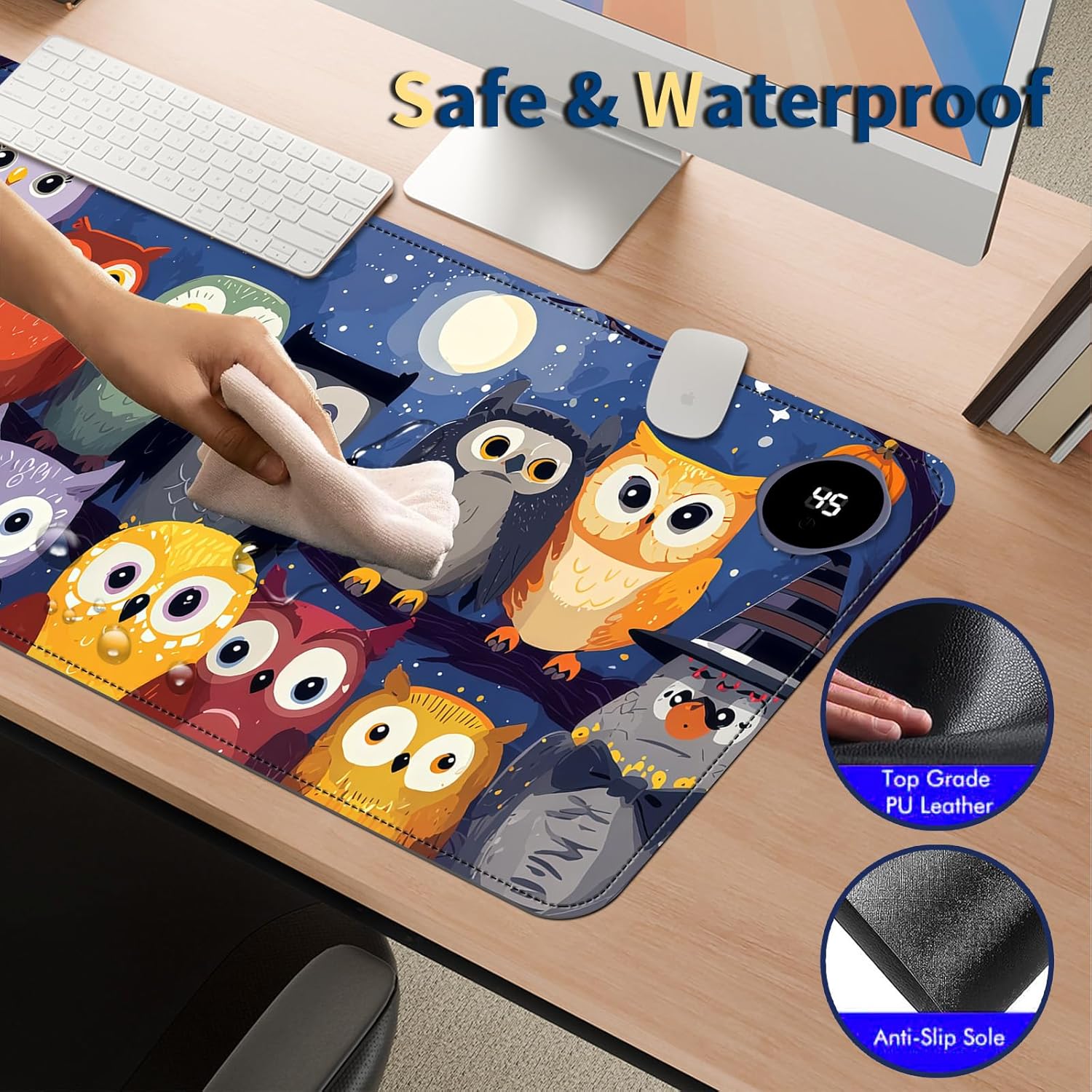 Heated Mouse Pad with 3 Temperature Settings(104°F–122°F),Large 31.5x13 Inch PU Leather Heated Desk Mat,Waterproof Warming Pad for Office,Gaming & Cold Hands Relief,Colorful Night Owls